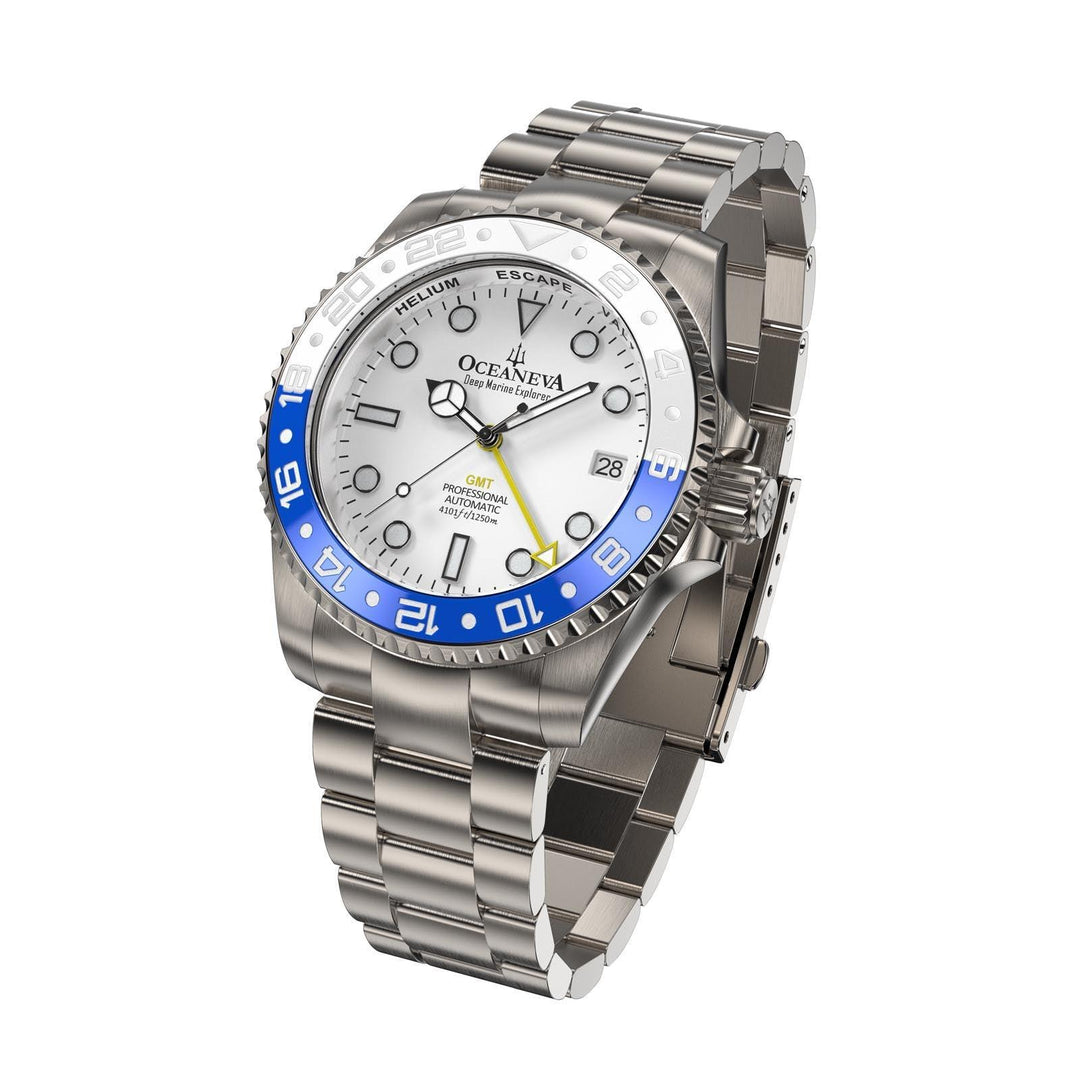 Oceaneva Men's GMT TITANIUM Automatic Deep Marine Explorer 1250M White & Blue Ceramic Bezel Watch
