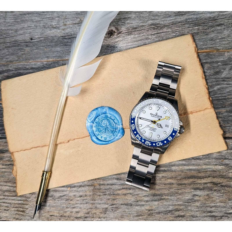 Oceaneva Men's GMT TITANIUM Automatic Deep Marine Explorer 1250M White & Blue Ceramic Bezel Watch