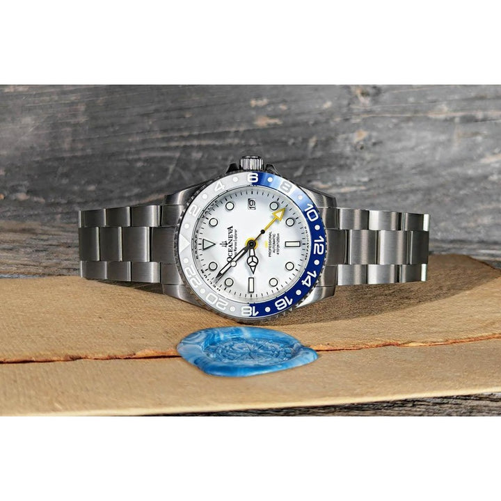 Oceaneva Men's GMT TITANIUM Automatic Deep Marine Explorer 1250M White & Blue Ceramic Bezel Watch