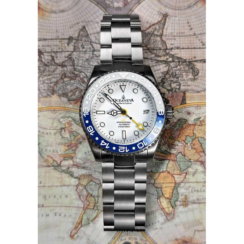 Oceaneva Men's GMT TITANIUM Automatic Deep Marine Explorer 1250M White & Blue Ceramic Bezel Watch