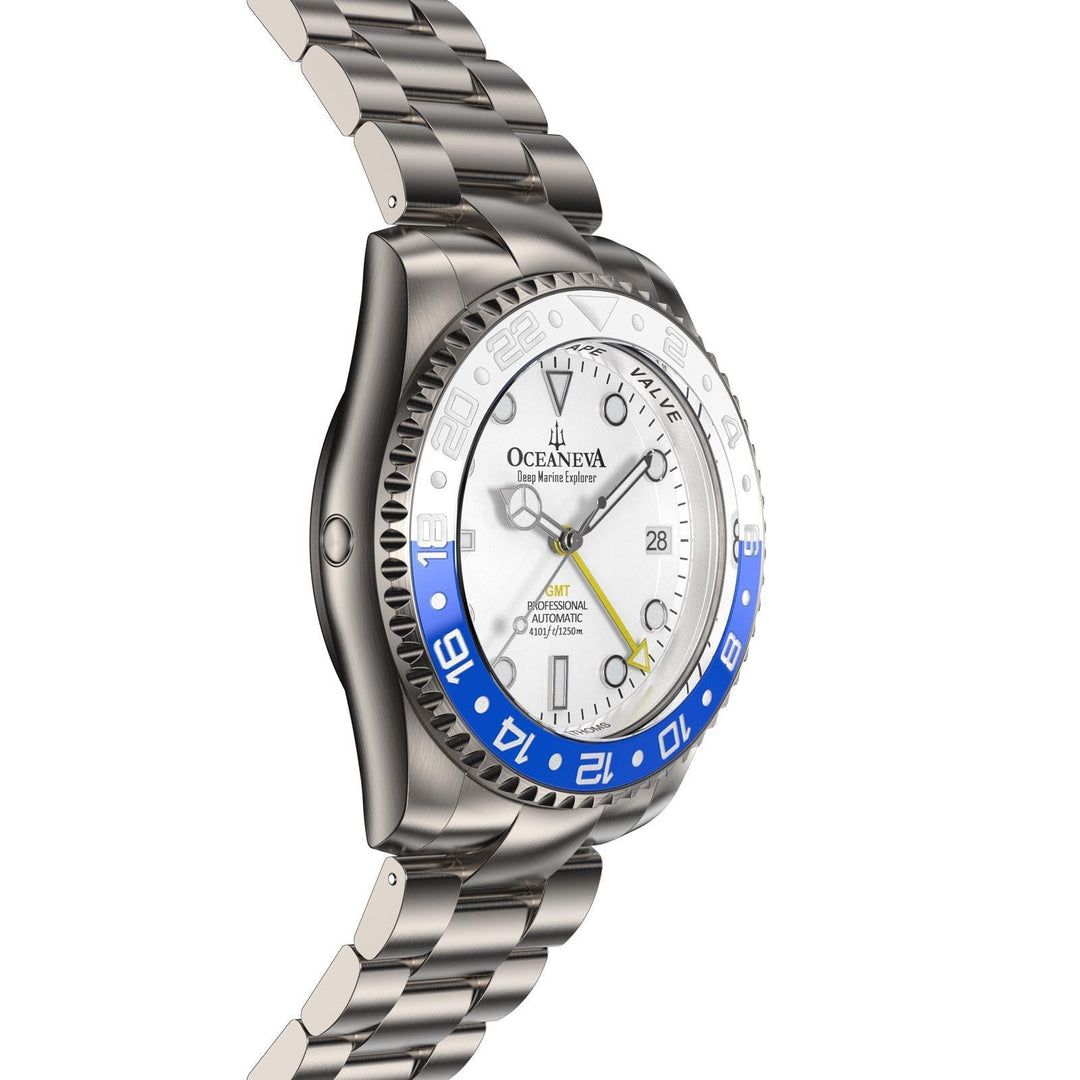 Oceaneva Men's GMT TITANIUM Automatic Deep Marine Explorer 1250M White & Blue Ceramic Bezel Watch