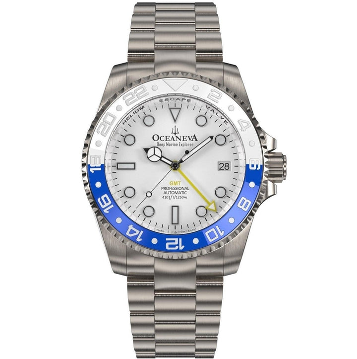 Oceaneva Men's GMT TITANIUM Automatic Deep Marine Explorer 1250M White & Blue Ceramic Bezel Watch