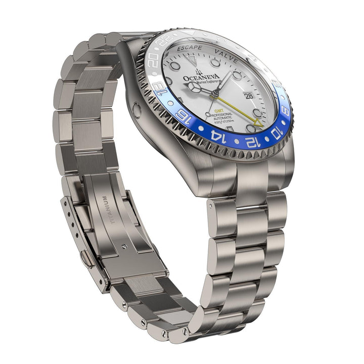 Oceaneva Men's GMT TITANIUM Automatic Deep Marine Explorer 1250M White & Blue Ceramic Bezel Watch