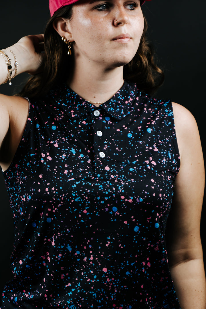 Shank it Golf Womens Black Paint Splatter Polo